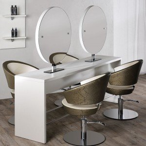 Kirpyklos veidrodis Salon Ambience Brooklyn dvipusis 4 darbo vietų apvalus Kirpyklos veidrodis Salon Ambience Brooklyn dvipusis 4 darbo vietų apvalus